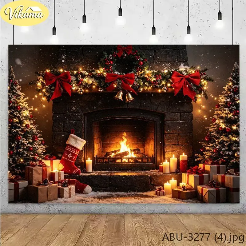 VIKAMA Fireplace Christmas Backdrop Tapestry Wall Hanging, Wall Art for Photo Studio Party Living Room Bedroom Home Decor