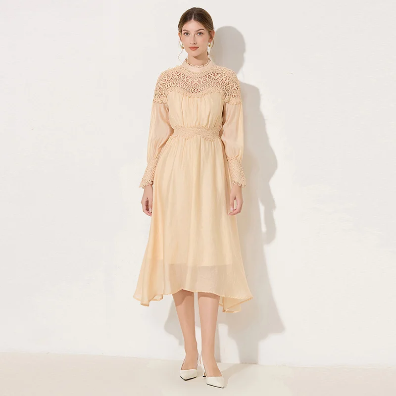 

Elegant Lantern Sleeve Hollow out Wave Lace Hem Gown for Women Vintage Style Long Dress City Commute Suitable A-Line Skirt