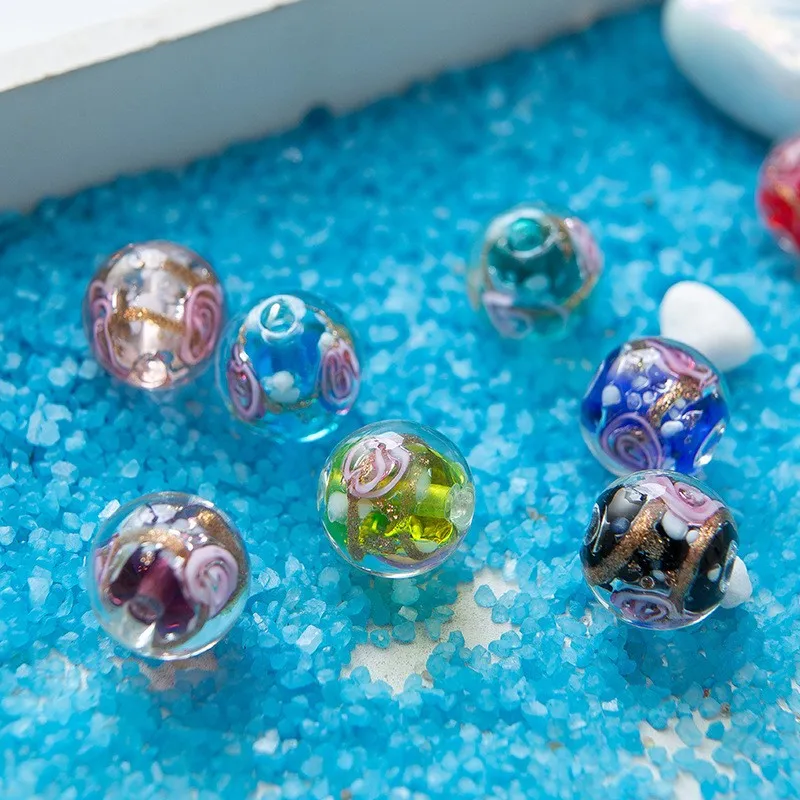 7PCS, 10 mm in diameter, with holes, luminous golden sand particles pull flower glass beads, DIY jewelry material accessories