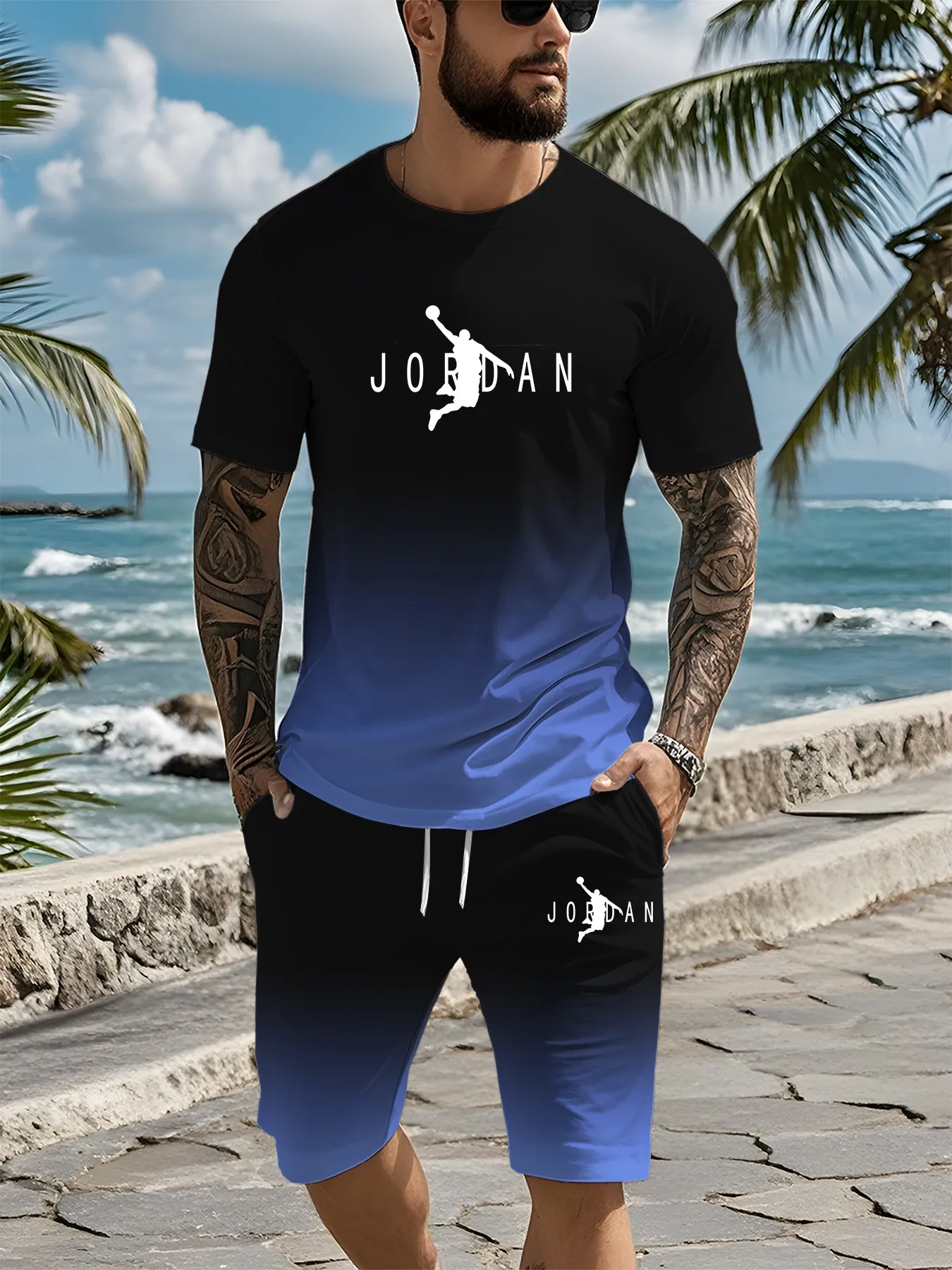 Urban street fashion trend men's round neck short sleeved set, outdoor simple round neck top, casual and comfortable shorts, lig