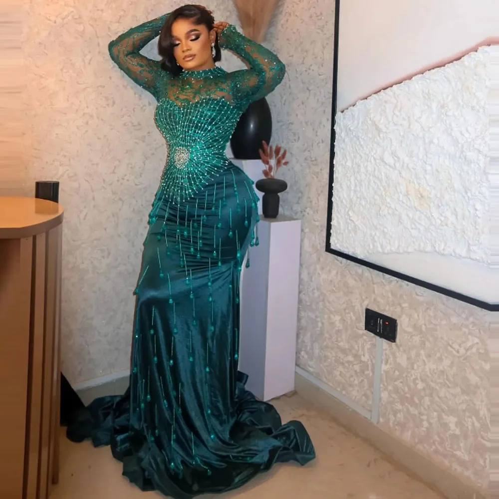 

2026 Вечернее платье русалки с кисточками и бусинами Охотничье зеленое платье для выпускного вечера с длинными рукавами Русалка Свадебные платья для гостей