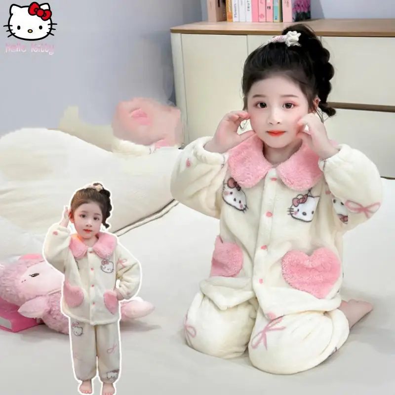 الأطفال مرحبا كيتي الدافئة بيجامة مجموعة الكرتون Kawaii فتاة سانريو الخريف والشتاء جديد أنيمي الأطفال التلبيب سميكة المنزل دعوى