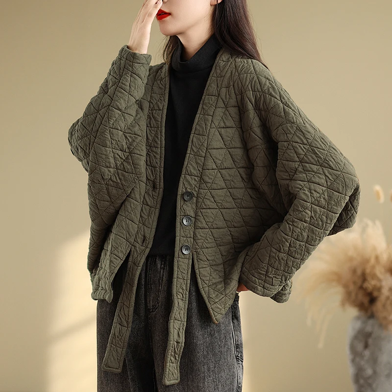 

plus Size Women's ort Cotton Jaet Loose V-Ne Batwing Sve Korean Sle Diamond id Design Autumn Winter Outerwear