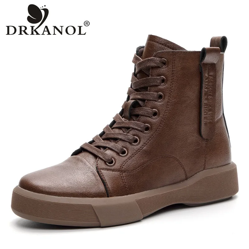 DRKANOL Winter Warm Boots Women Lace-Up Round Toe Flat Ankle Boots Handmade Retro Real Cowhide Plush Cotton Shoes Big Size 35-43