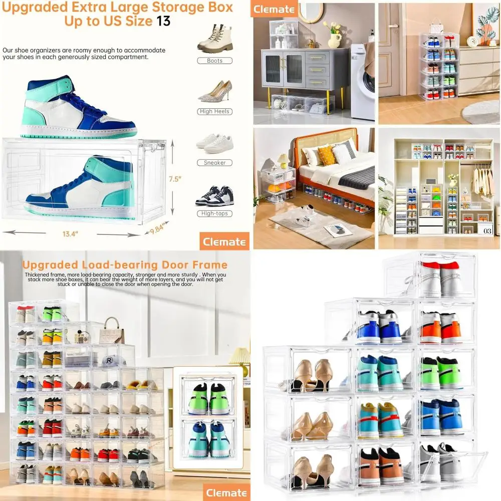 

Clear Plastic Stackable Shoe Organizer, 12-Pack, Drop Front Boxes for Shoe Storage, Display Sneaker Collections, Fits US Size 13