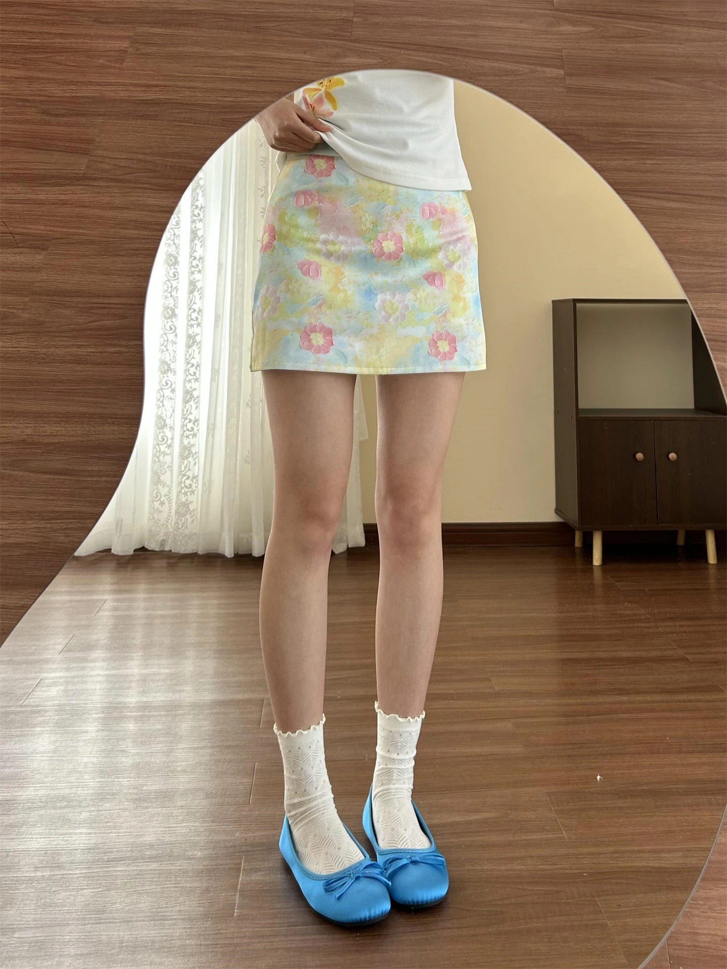 

Summer New Floral Print Half-length Skirt Women's High-waist A-line Skirt Vacation Style Anti-light Walking Short Skirt