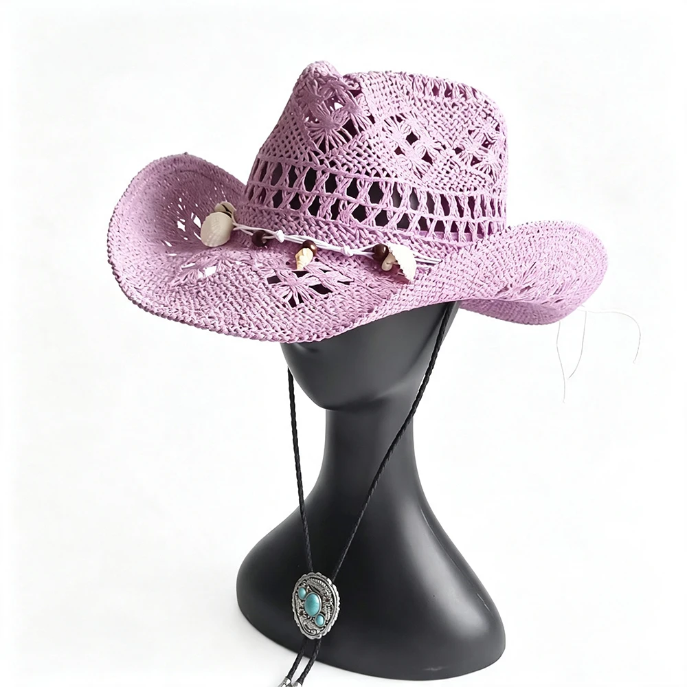 Lavender Hollow Woven Cowboy Straw Hat with Seashell Bead Band Turquoise Bolo Tie Summer Breathable Wide Brim Sun Hat Women Beac