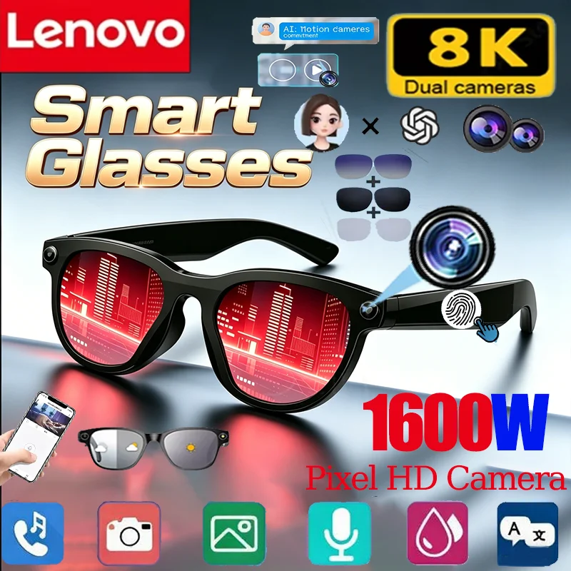 Lenovo 8K 1600W AI Smart Glasses HD Camera Real-time Translation Bluetooth Call Shoot Audio Video Music Play Sunglasses 2027NEW