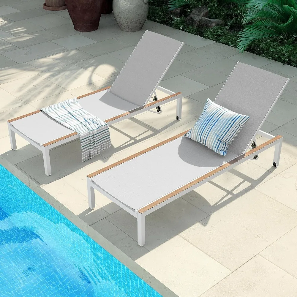 

Outdoor Chaise Lounge Set Of 2 Mesh Sling Lounge Chairs With Woodgrain Texture, Portable Wheels