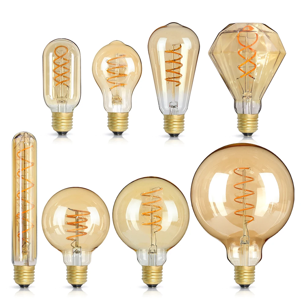 E14 E27 Retro LED Spiral Filament Light Bulb 4W Warm Yellow 220V C35 A60 T45 ST64 T185 T225 G80 G95 G125 Vintage Edison Lamp