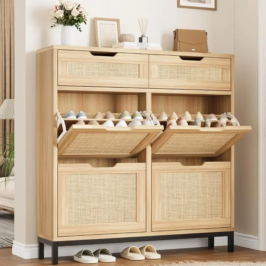 Rattan Shoe Cabinet for Entryway, Boho Shoe Storage Cabinet with 4 Flip Drawers and 2 Drawers, Narrow Freestanding Shoe Rack wi