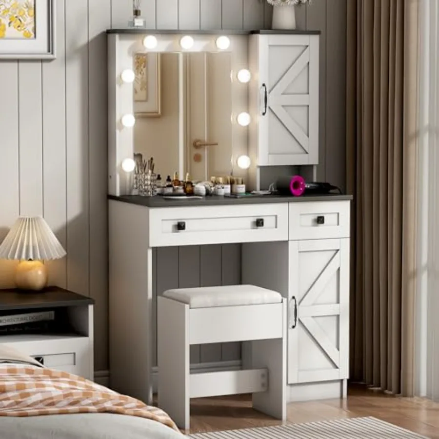 31.5 Makeup Vanity Desk with Mirror and Light Farmhouse Vanity with 2 DrawerPower Outlet 3 Color Lighting Modes Bedroom Vanity