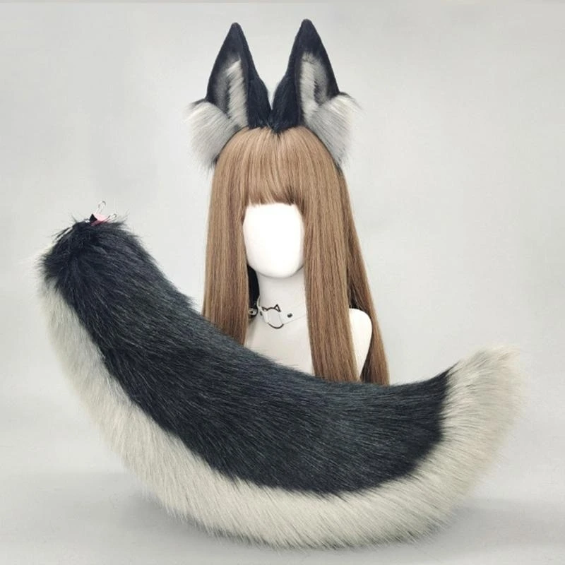 5asd Wolf Cats Foxes Tail with Cats Ears Headbands Halloween Christmas Cosplay Party Costume Toy for Woman Man Cats Costume