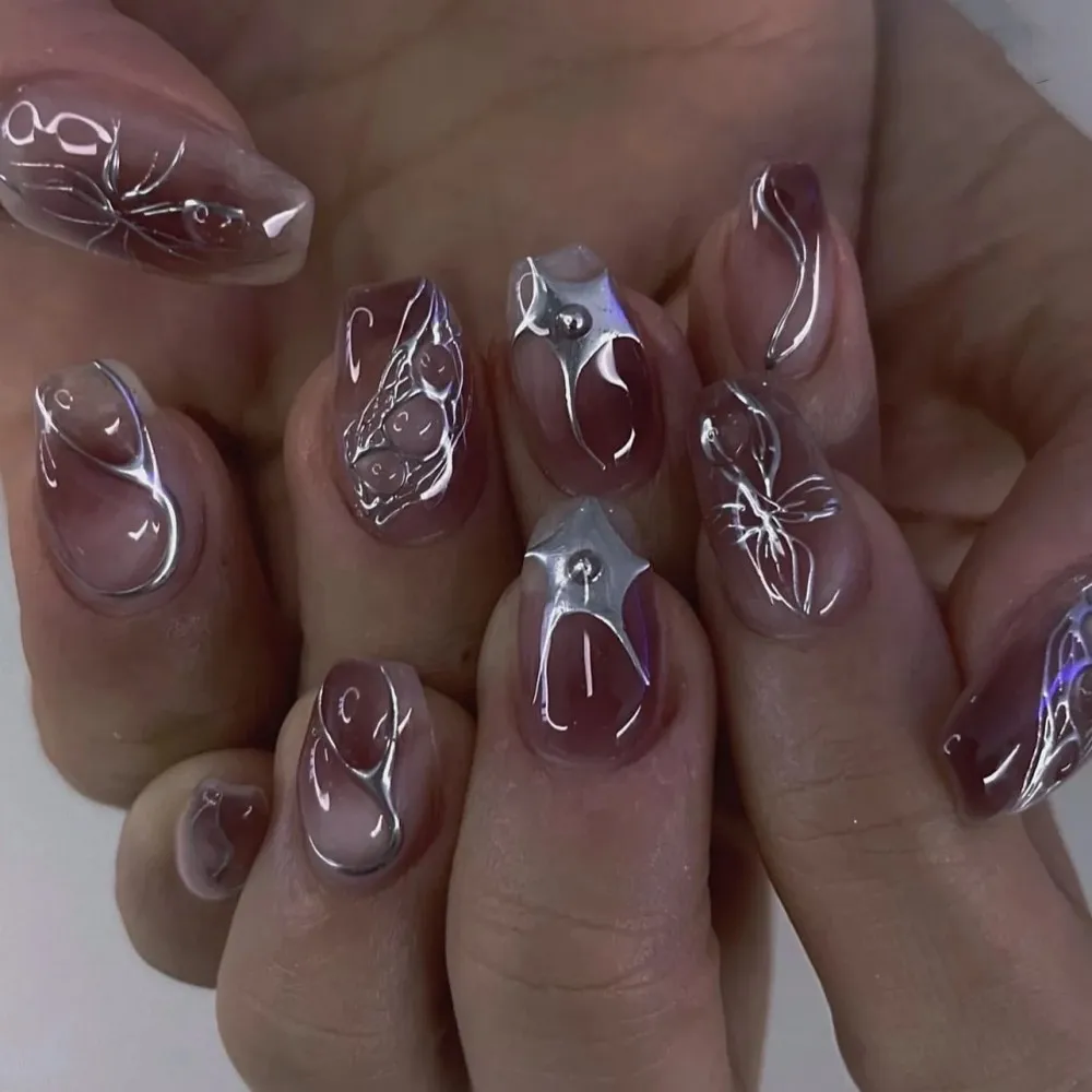 24Pcs Cyber Punk Style Almond False Nails Press on Pink Blush Full Cover Fake Nails 3D Ombre Wearable Acrylic Nail Manicure Tips view 3