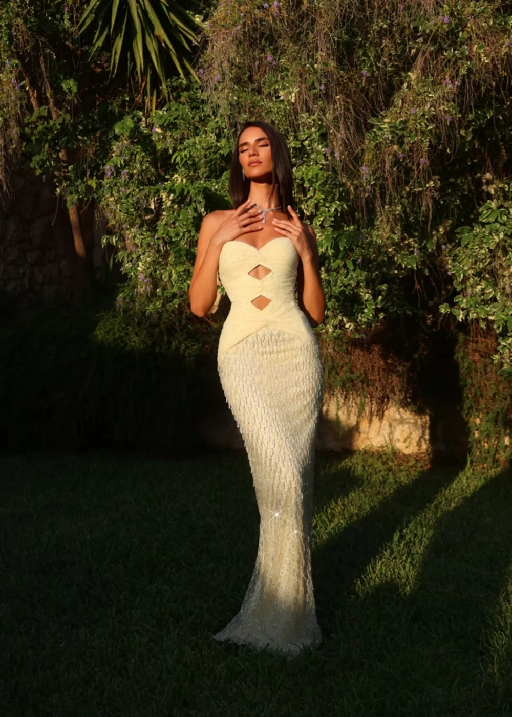 Arabia Light Yellow Mermaid Sweetheart Chest with Cut-Out Evening Dresses Handmade Heavy Beads Sequins Floor Length Prom Gowns