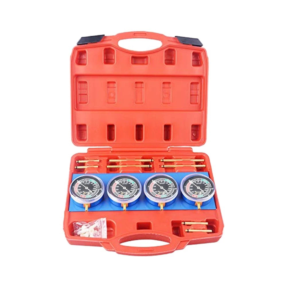 Vacuum Gauge Set for Carb Synchronization Featuring Bench-Mounted Metal Base and Compatibility with Standard Adapters