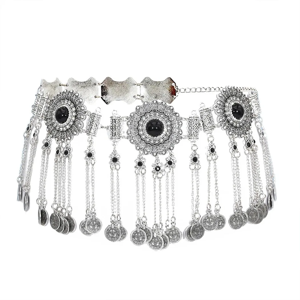 Turkey Vintage Silver Color Metal Flower Waist Belly Chains for Women Boho Coin Long Tassel BIkini Dance Dress Belt Body Chain
