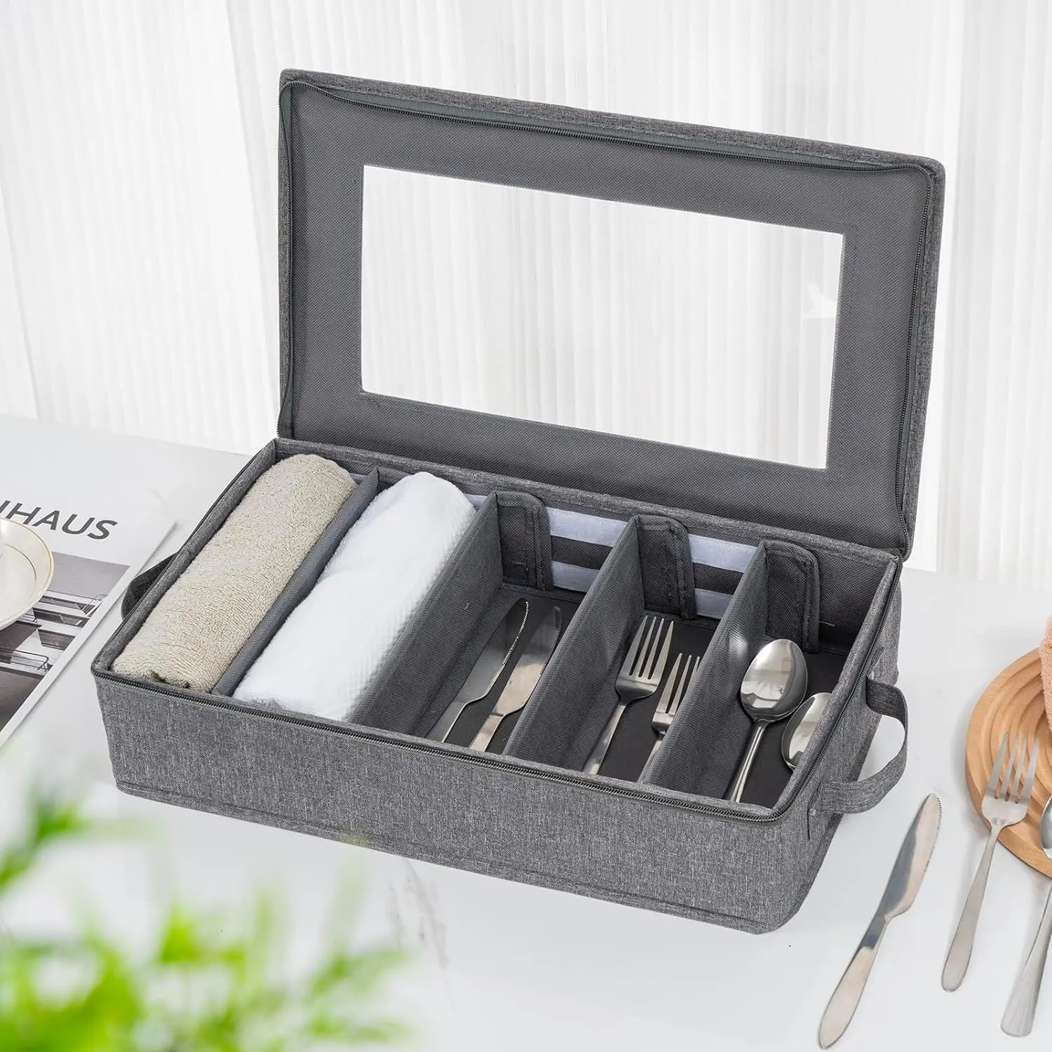 5 Compartment Flatware Organizer with Zipper Lid Cutlery Storage Box for Spoon Fork Knives Tableware Silverware Organizer