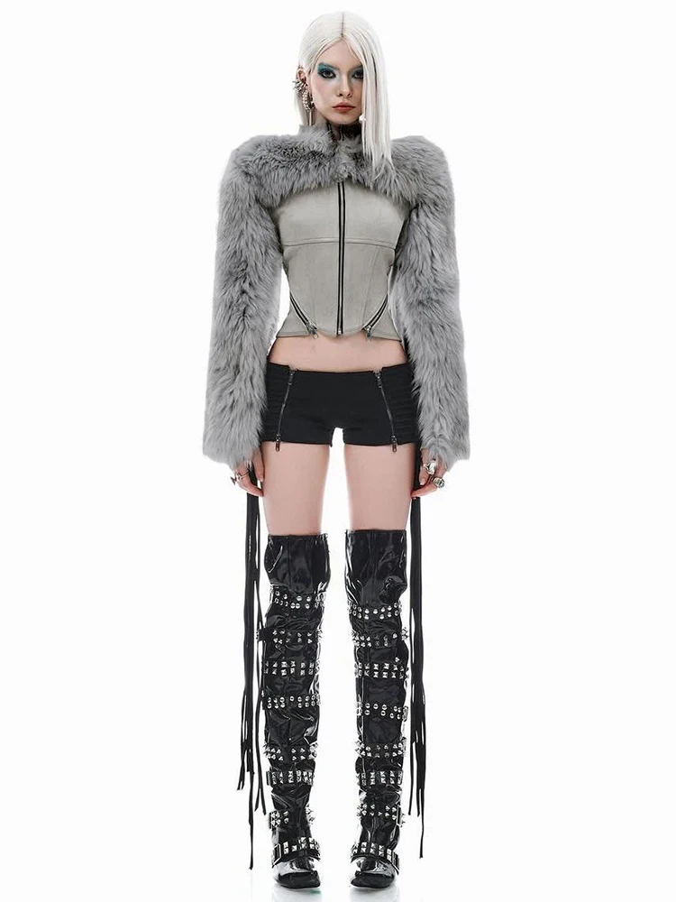 

Kliou плюшевая лоскутная куртка женская осень-зима новый стиль воротник-стойка с длинным рукавом нерегулярный дизайн на молнии уличная мода пальто