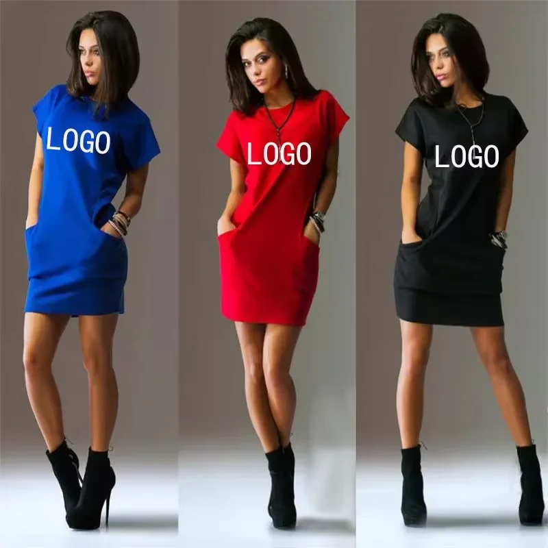 Vestidos de logotipo personalizado feminino, de comprimento médio, respirável, regular, casual, manga curta, simples, luxo, monocromático, verão, moda feminina