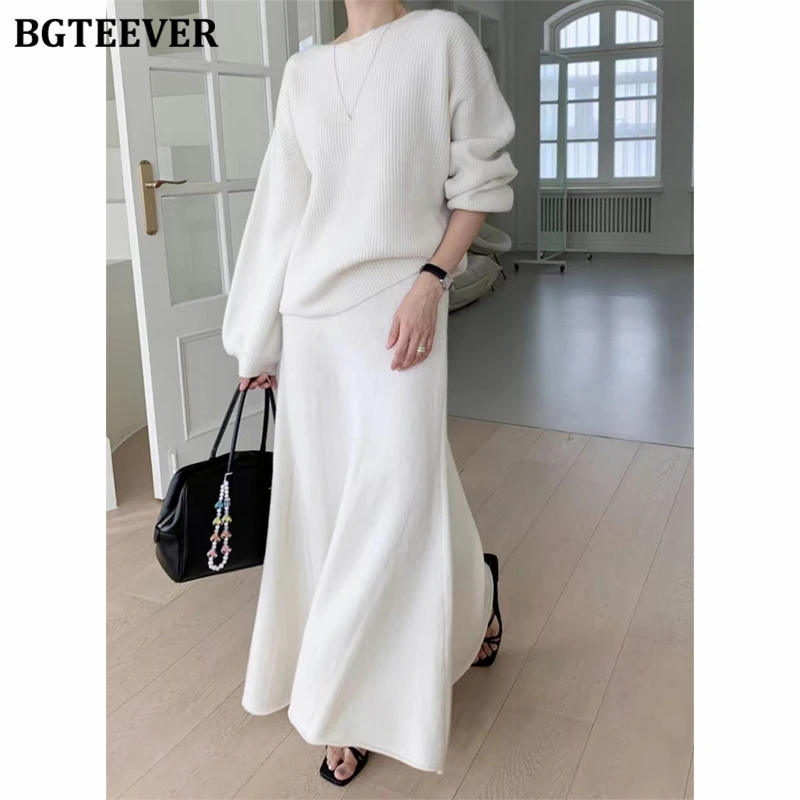 BGTEEVER Autumn Winter Casual Warm Ladies Solid Knitted Skrits Set Long Sleeve O-neck Pullovers Sweaters & Package Hip Skirts