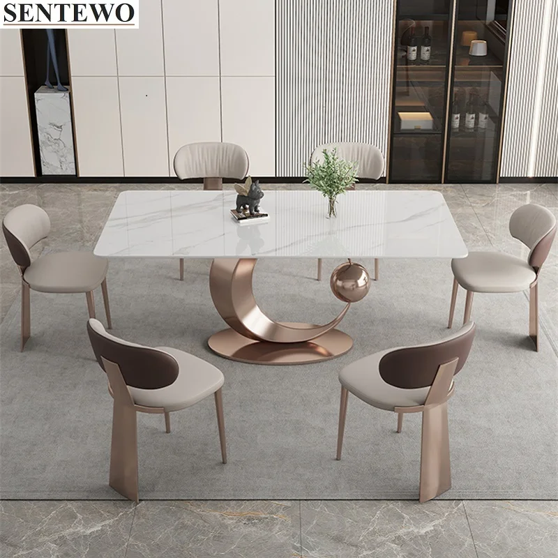 Luxury Rock Slab Kitchen Dining Table Set 4 Dinner Chairs Stainless Steel Gold Frame Faux Marble Table Furniture Mesa De Jantar