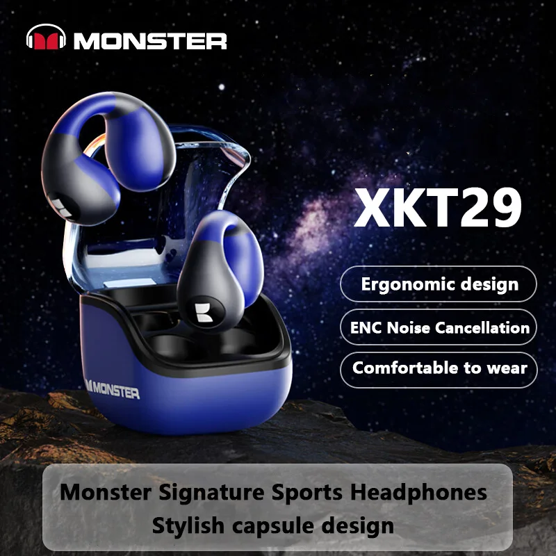 Original Monster XKT29 Ear Clip On Earbuds Ergonomic Design Wireless Bluetooth V5.4 Sports Earphones Waterproof Headset with Mic