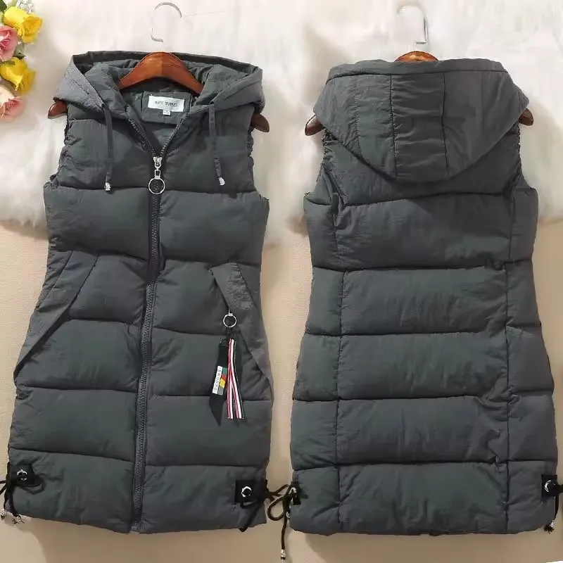 

Autumn Winter Women Cotton Vest Jacket Mid-length Puffer Sleeveless Parkas Coat 2025 New Casual Pocket Hooded Waistcoat Female W