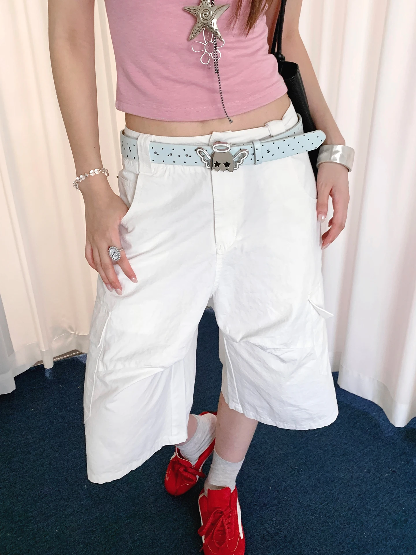 Sweet Cool Style Polka Dot Little Angel Metal Buckle Belt Women Y2K Millennium Style Blue Print Leather Belt
