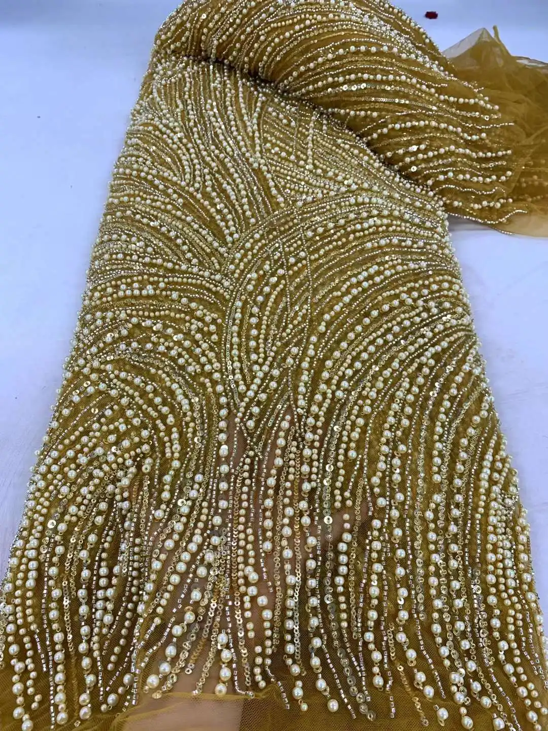 Gold African Beads Lace Fabric 2024 French Lace Fabrics Nigerian Sequins Embroidery Net Lace Fabrics For Bridal Party Dresses