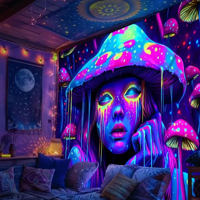 VIKAMA UV Reactive Psychedelic Mushroom Girl Tapestry Glow Fantasy Portrait Wall Hanging for Bedroom Esports Gaming Room Decor