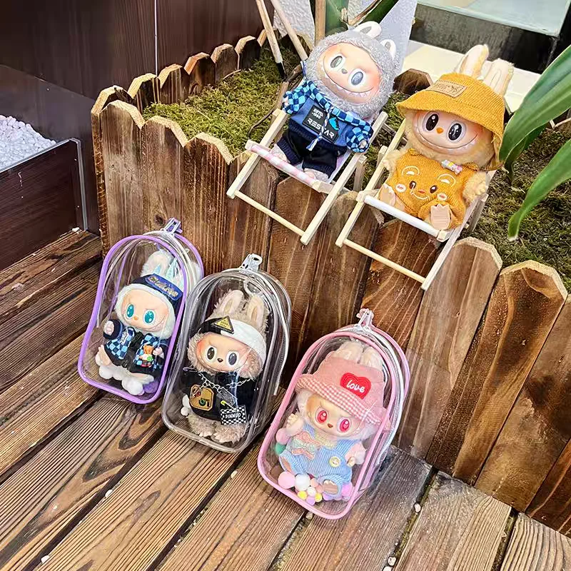 Bunte transparente Schutzhülle Organizer Box für 17 cm Labubu Plüschpuppen Outdoor Display Tasche mit Schlüsselanhänger Puppenzubehör