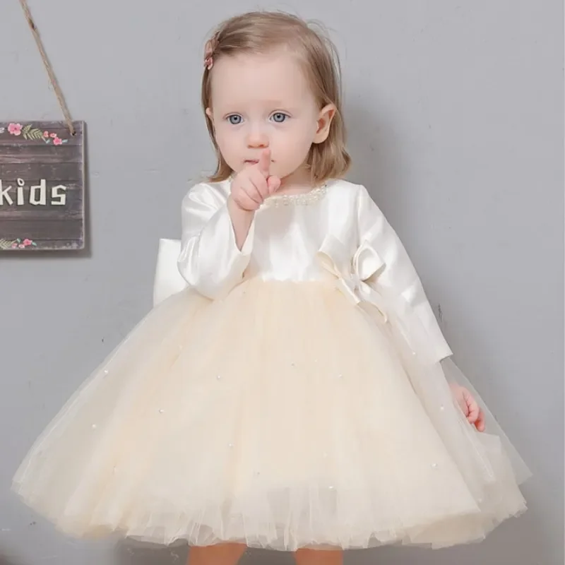 Baby Girl Princess Bow Long Sleeve Dress Infant Toddler Child Teen Elegant Tulle Vestido Party Birthday Baby Clothes 1-14Y