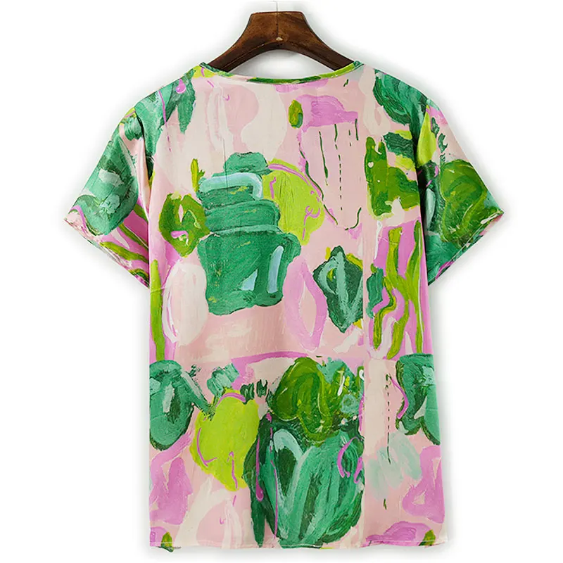 BirdTree-Silk Elegant T-Shirt, O Neck Short Sleeve Graffiti Printed, Women Breathable Casual Loose Top, 2025 Winter New T5N032CC