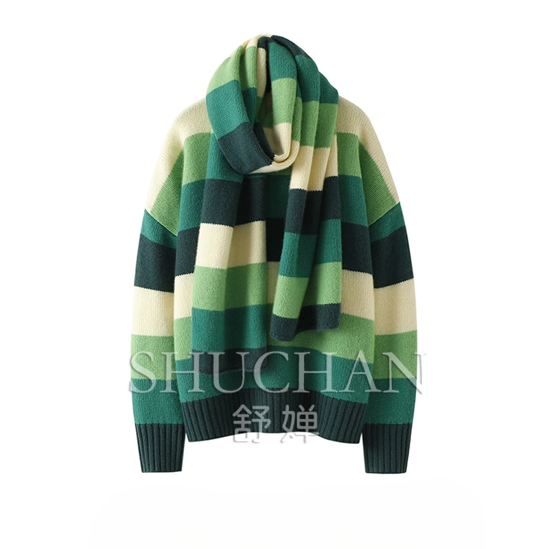 Green Striped Round Neck Thick Cashmere Sweater Women's Sweater Scarf Two-piece Set 2024 Autum Anwinter Warm