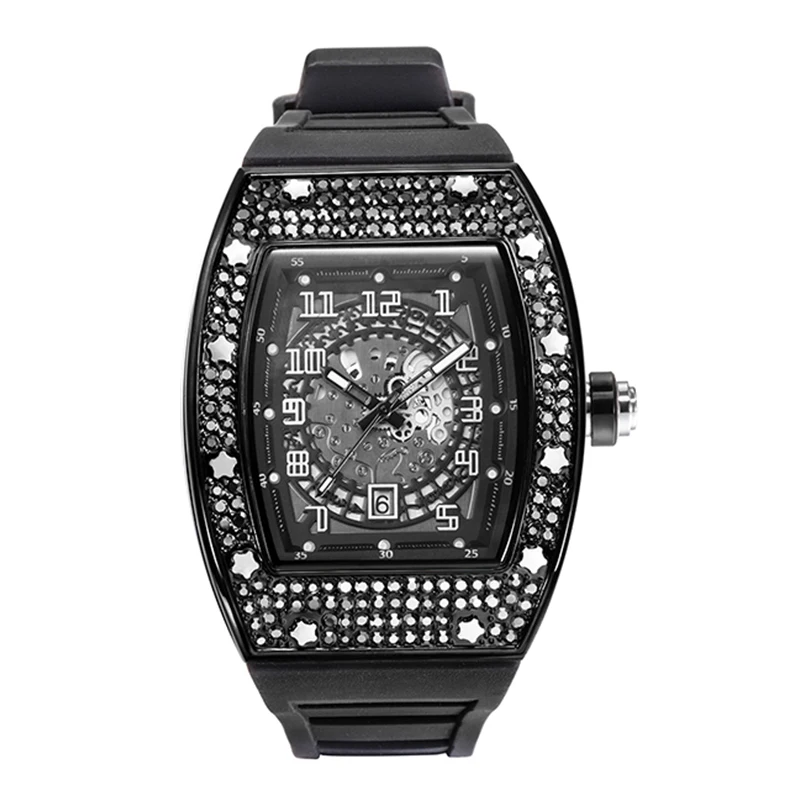 

New Tonneau Men Watch Top Brand Fashion Black Rubber Strap Quartz Watches Luxury Diamond Iced Out Mille Male Clock Dropshipping