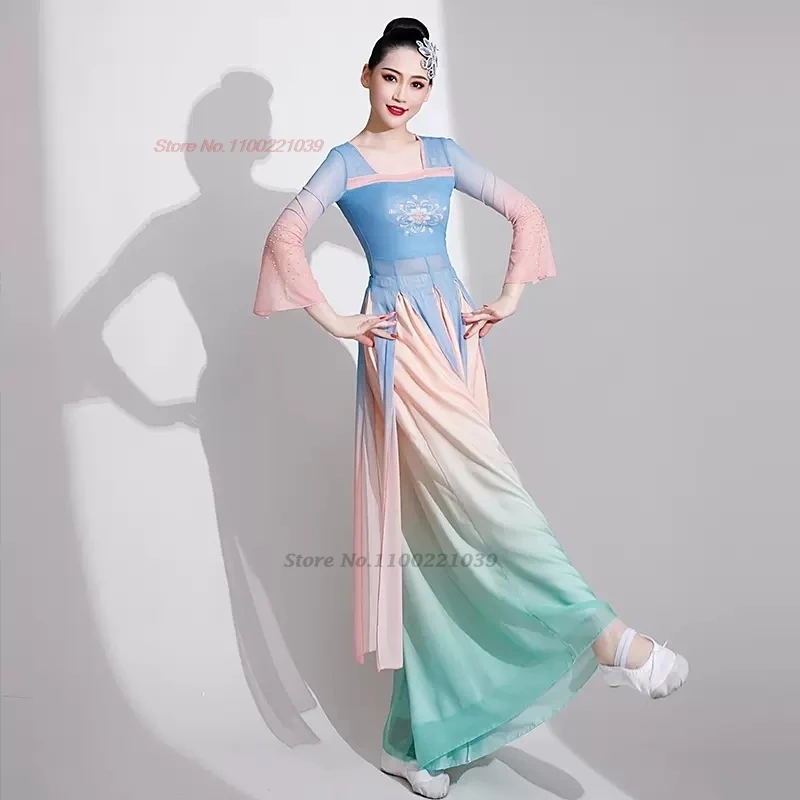 2025 زي الرقص الشعبي الصيني العتيق متدرج اللون شبكة hanfu بلايز + فستان أطفال مع سروال داخلي فستان أداء مرحلة التدريب التقليدي