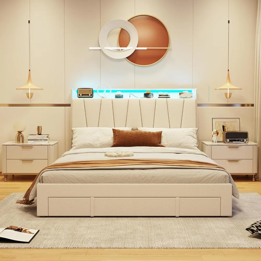 Full Size Bed Frame with Storage Headboard and 3 Drawers,Upholstered Platform Bed with Charging Station image 4