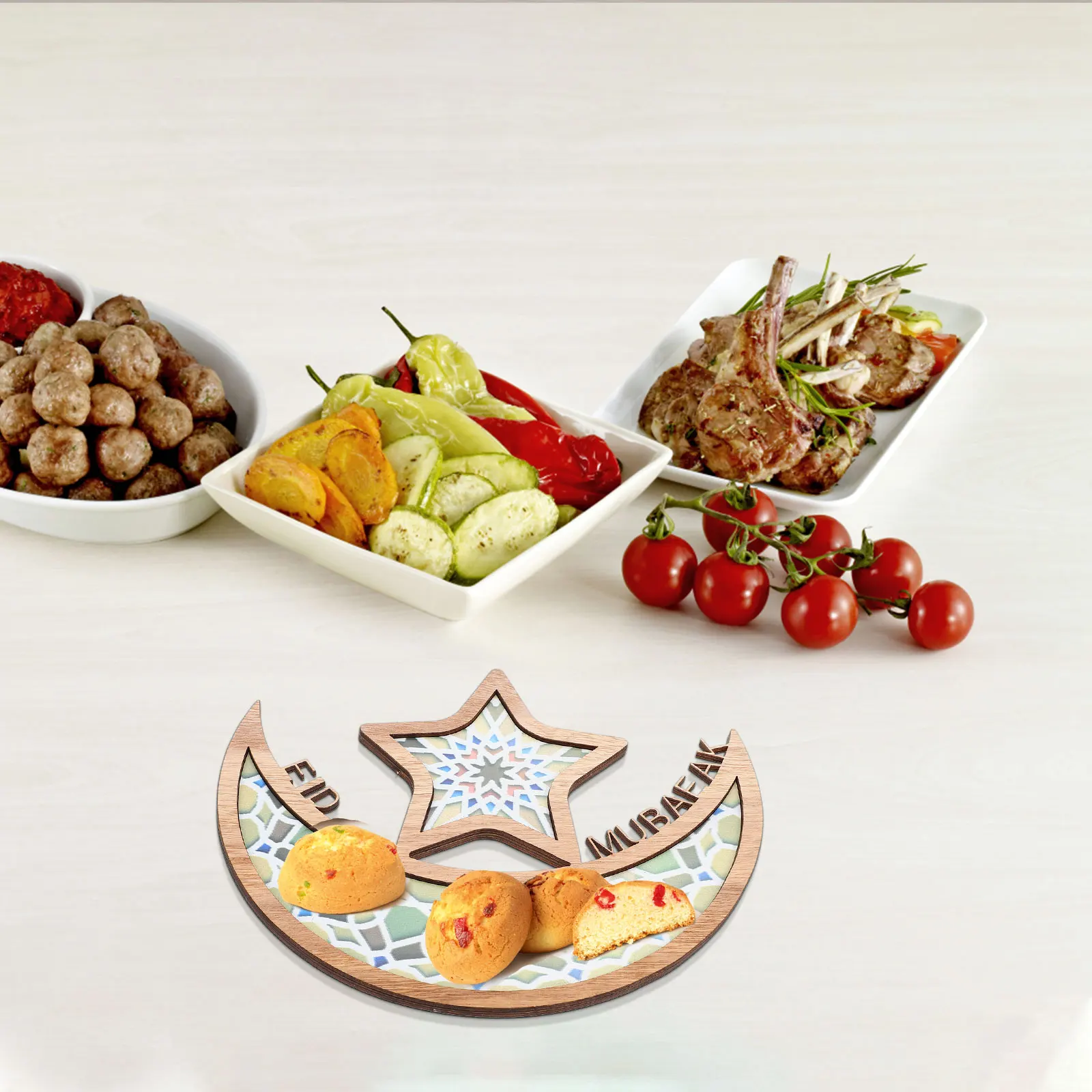 

Wooden Food Tray Eid Festival Snacks Serving Dessert Plate Dried Fruits Tray Ramadan Decorative Pallet Classic Design Home