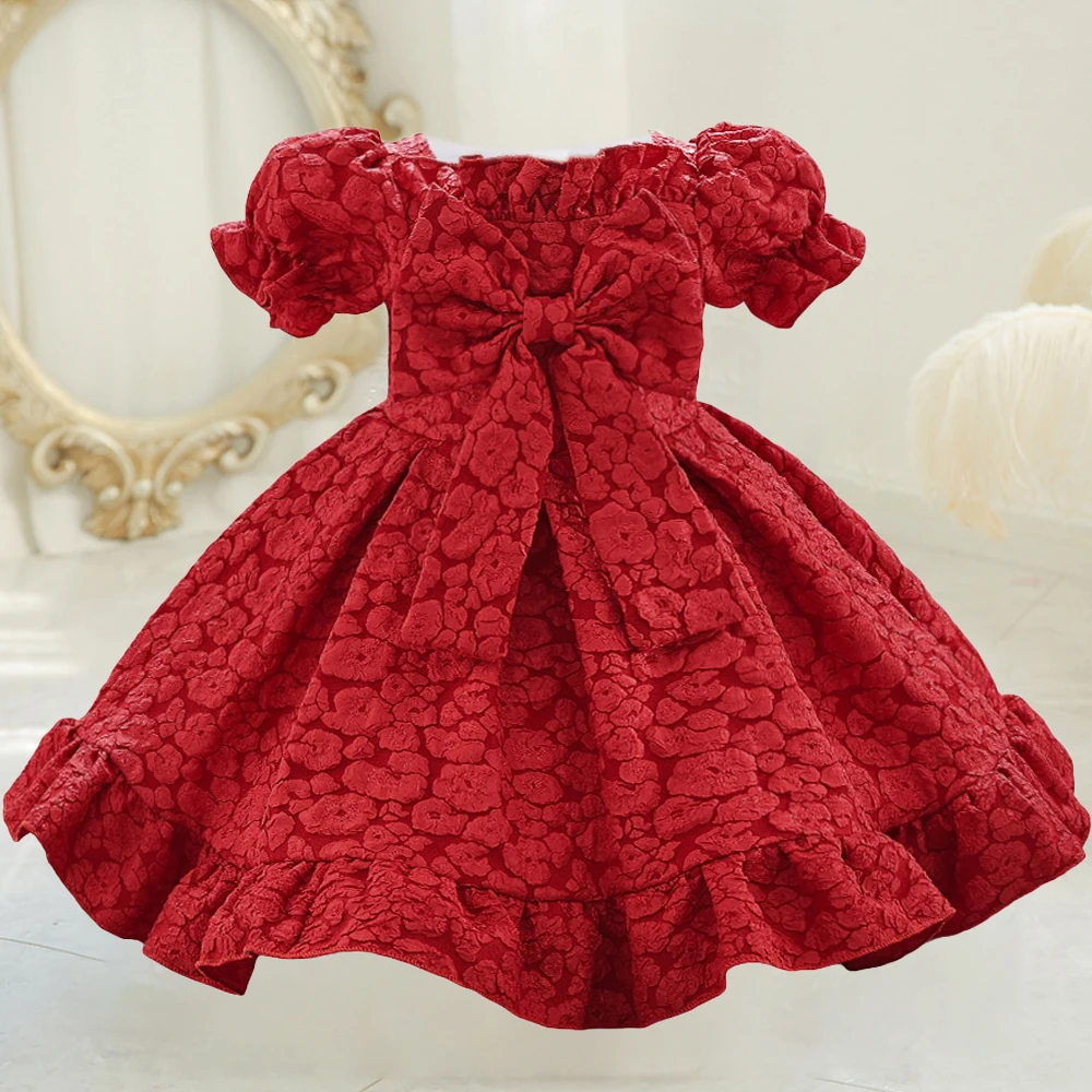 Toddler Red Christmas Girls Dress Infant Bow 1st Birthday Party Gown Elegant Princess Xmas Kids Dress for Baby Wedding Prom Gown