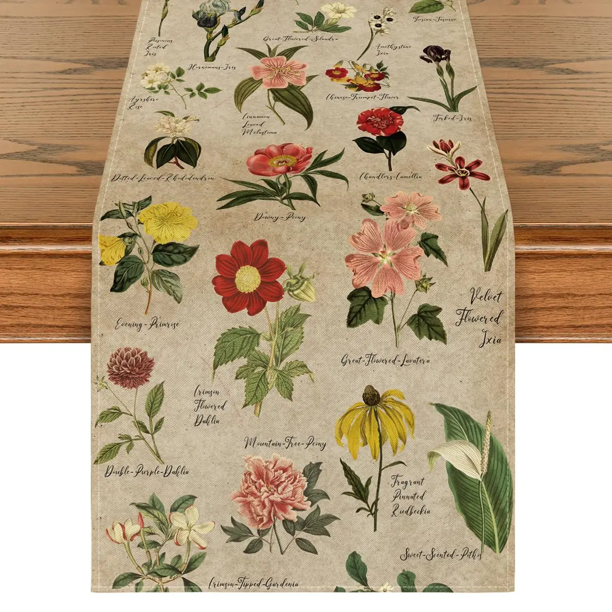 Wood Flowers Table Runner, Floral Dahlia, Peony, Lavatera, Spring, Holiday, Kitchen, Dining Table, Home Party Decor