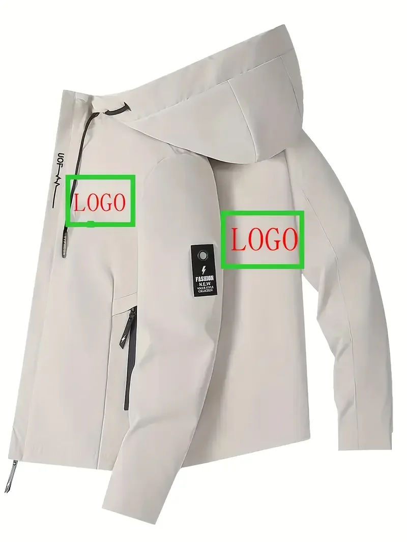 سترة بشعار مخصص للرجال - معطف بغطاء للرأس بسحاب كامل أبيض/أسود مع استبدال رقعة الشعار، قابل للغسل في الغسالة، مقبس طيران