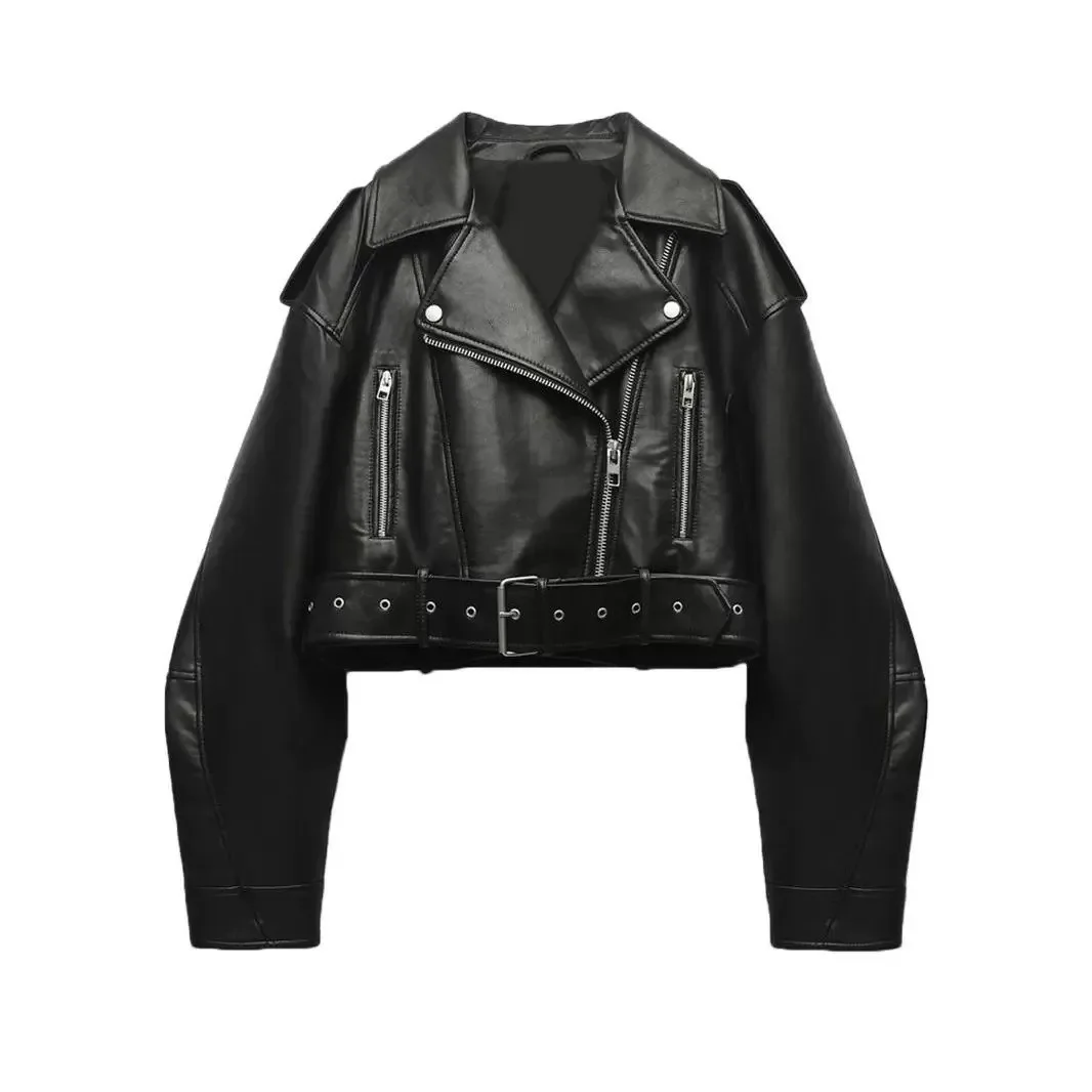 Spring Autumn Women Faux Pu Leather Short Jacket with Belt Motorcycle Biker Female Zipper Lapel Loose Coat Outwear Women