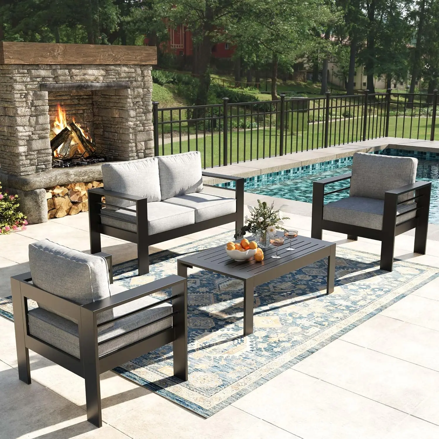 

Комплект садовой мебели из 4 предметов: современный алюминиевый набор для отдыха на открытом воздухе, металлический секционный диван с кофейным столиком, на заказ