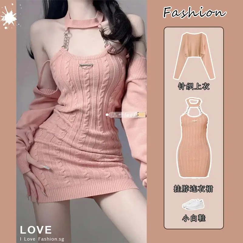 

Womans Clothes For 2023 Rave Outfit Knitted Suspender Dress Long Sleeved Shawl Cardigan Sexy Two Piece Set Spicy Girl Style