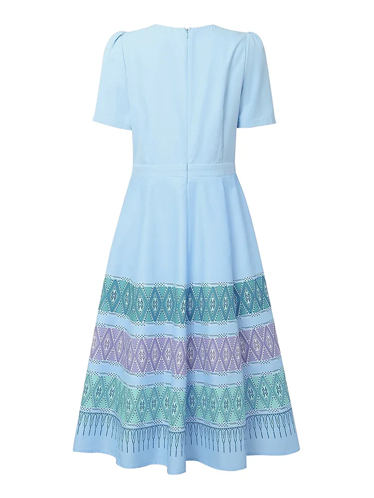 ZANZEA 우아한 여성 미디 드레스 여름 반팔 프린트 오피스 드레스 2025 캐주얼 루즈 패션 하이 웨이스트 리본 파티 드레스