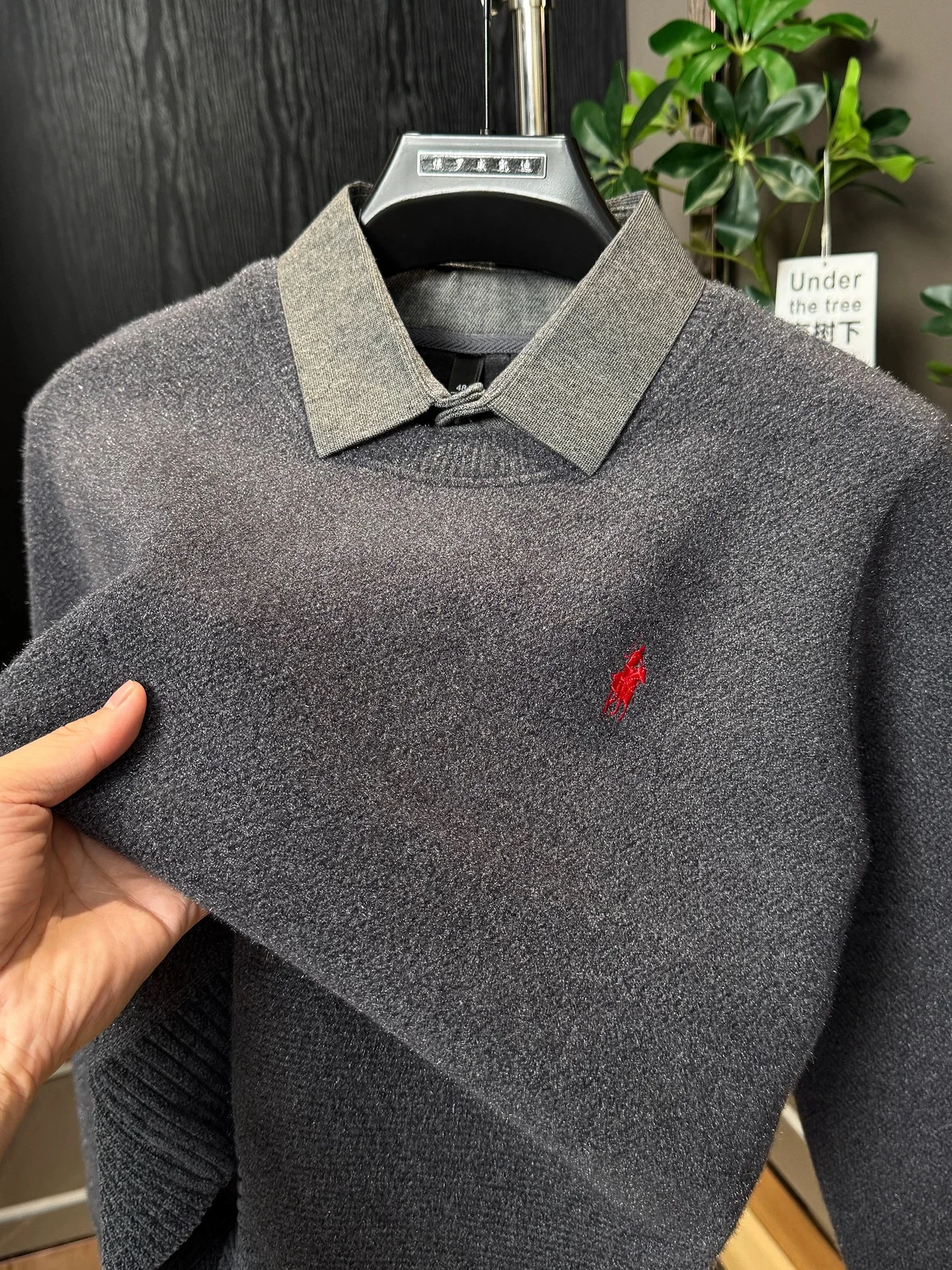

High end velvet warm shirt collar sweater men's winter new luxury brand classic Paul embroidery business casual knitted pullover