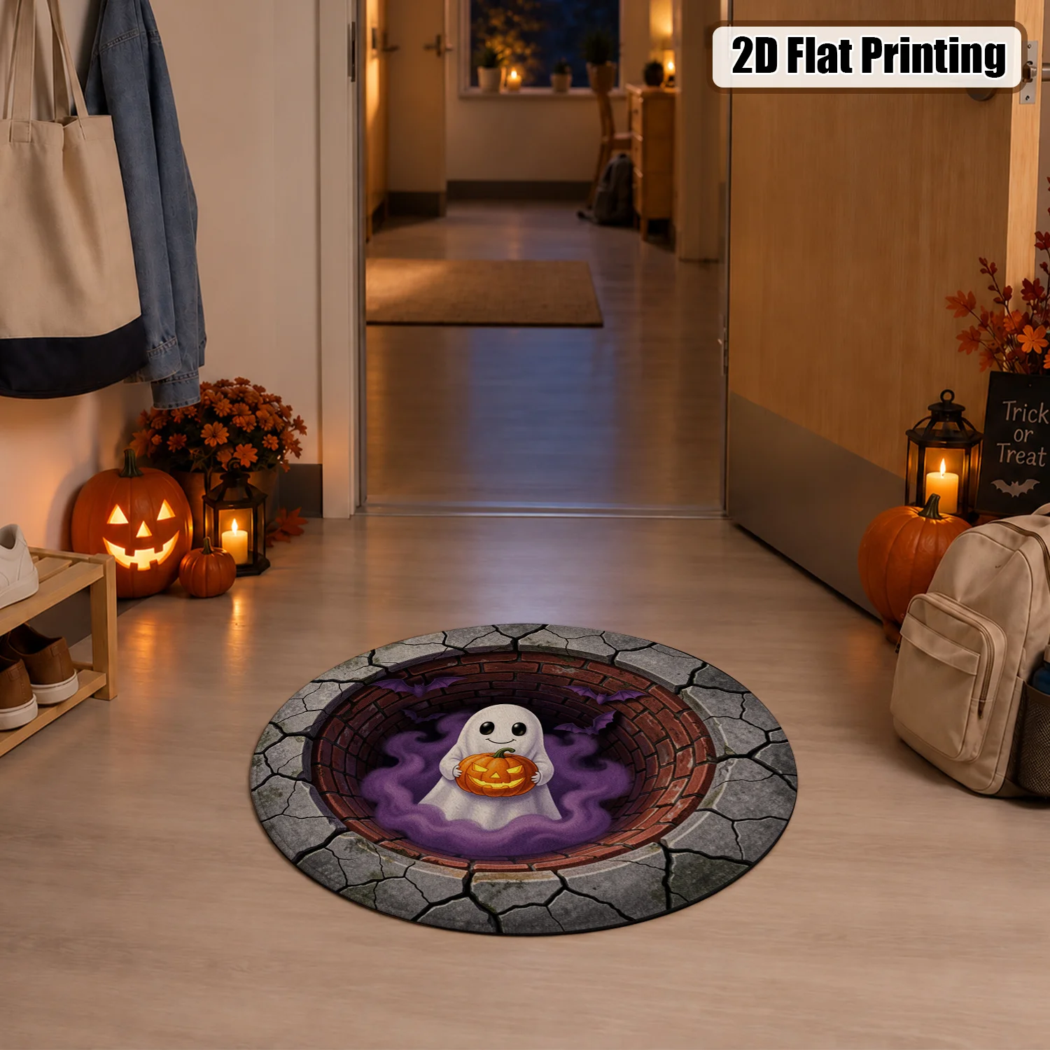 3D Halloween Ghost Pumpkin Bat Pattern Round Velvet Doormat Machine Washable Stable Placement For Entryway Porch Living Room Decor Ideal For Halloween Thanksgiving Christmas New Year
