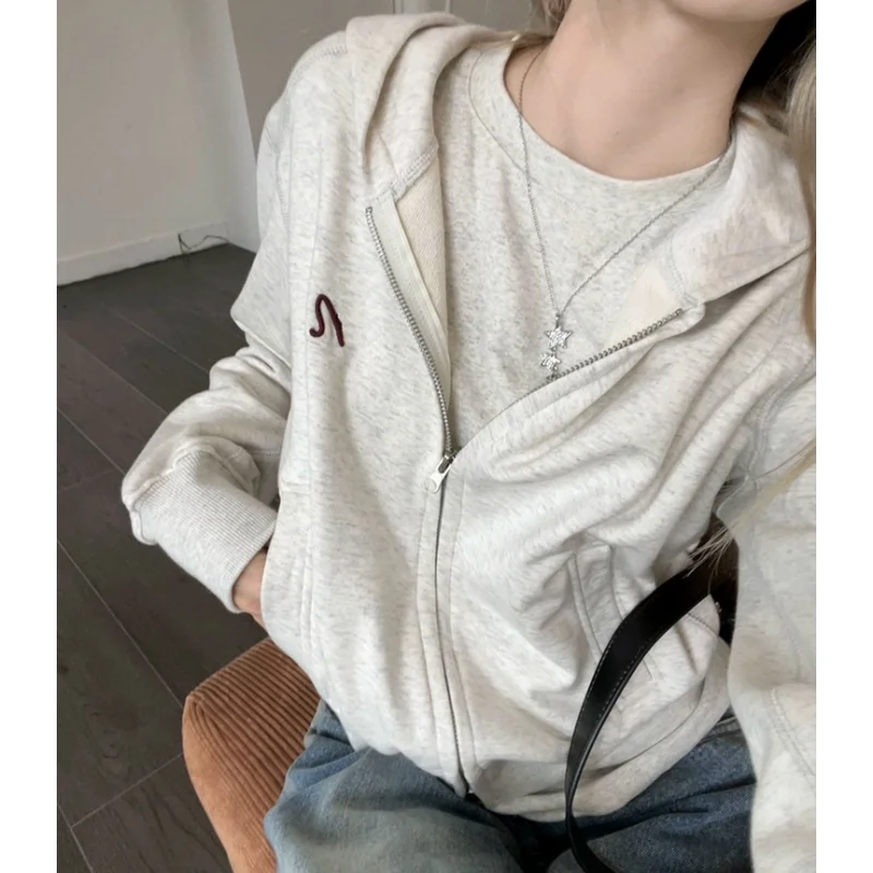 Grey Jacket Sweatshirt Women Vintage Hooded Coat Long Sleeve Streetwear Fashion Casual Y2K Style Winter 2023 Female Plush Tops