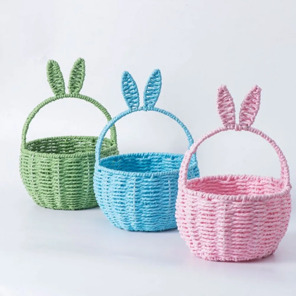 Portable Paper Rope Mini Flower Pot Woven Rabbit Ear Hanging Baskets DIY Foldable Sundries Organizer Home